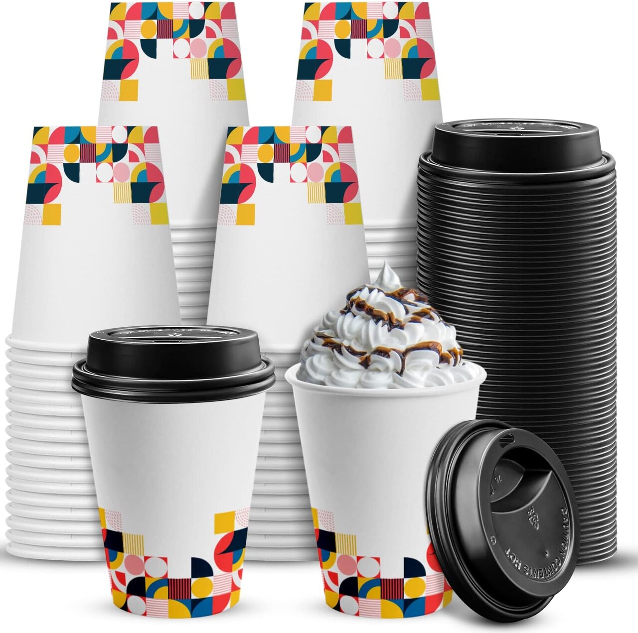 100 Pack 12 oz Disposable Cups with Lids, Summer Party Tableware, To-Go Thickened Paper Cups for Beverages, Tea, Hot Chocolate